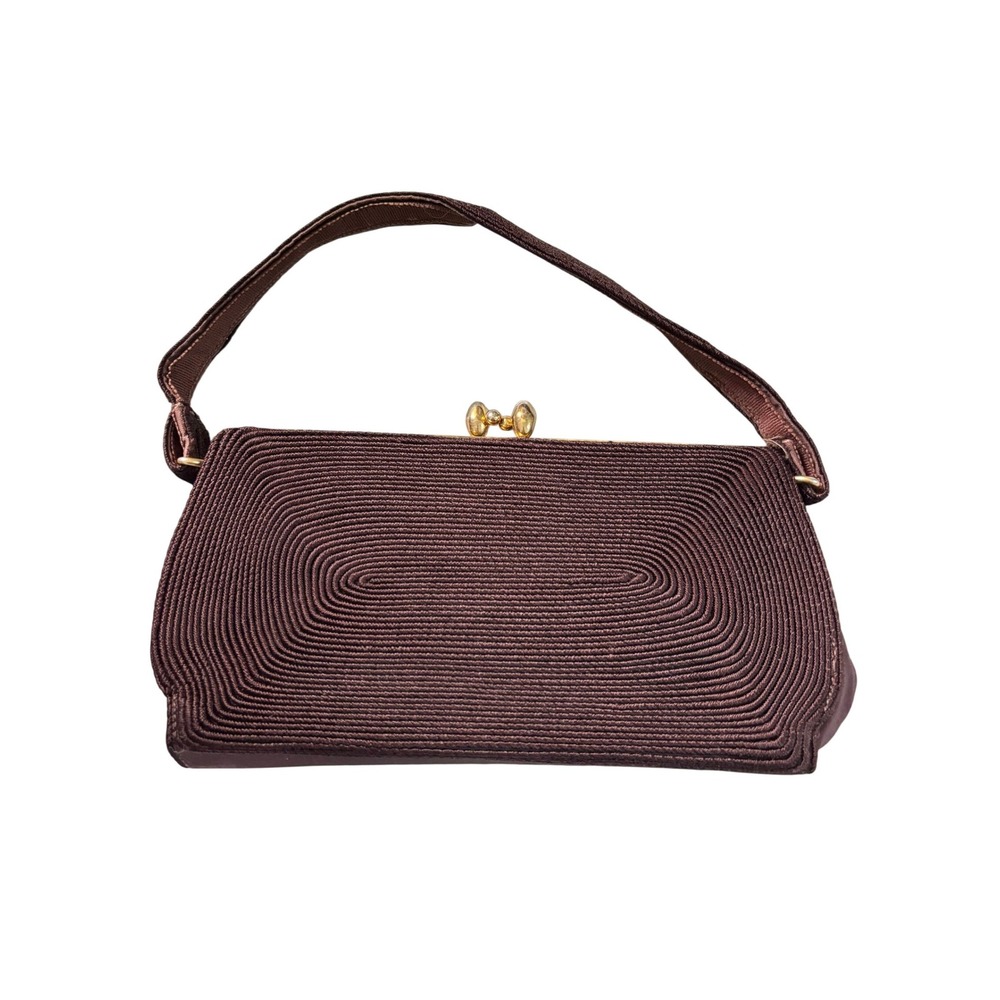 Vintage Chocolate Brown Corde Handbag Gold Kiss Lock Top Handle 1950s Retro Bag